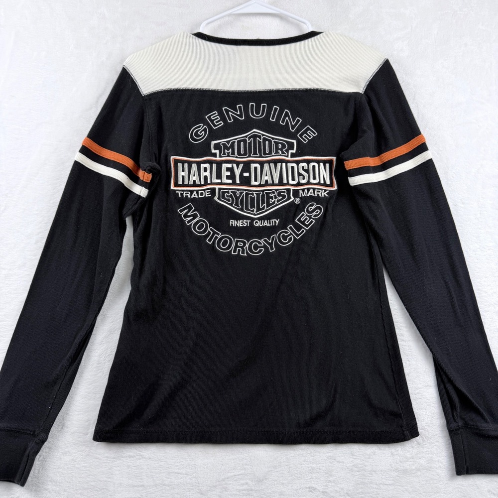 Harley-Davidson Colorblock Henley Long Sleeve Biker Graphic Shirt Black Orange M - Picture 8 of 11